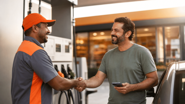 Frentista recebe com um sorriso o cliente que voltou a abastecer no posto, representando a reativação de clientes inativos