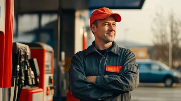 gerente de posto de combustível olhando para o lado em seu empreendimento.