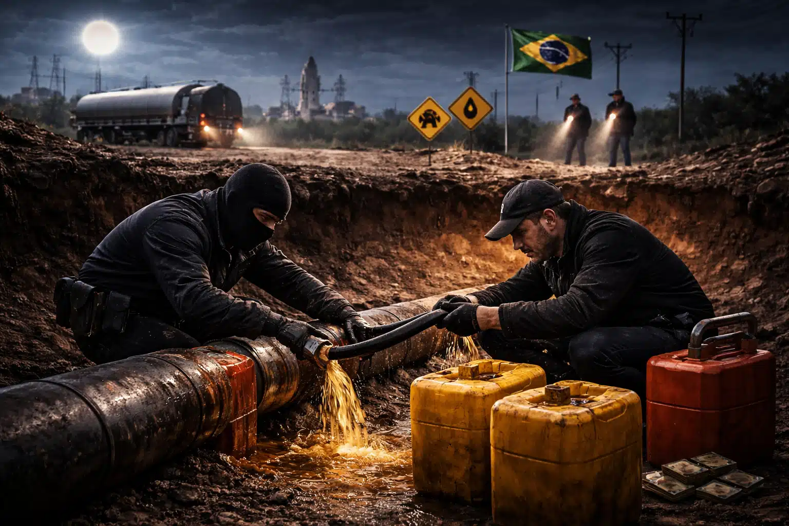 Indivíduos realizam furto de combustível em duto no Brasil durante a noite