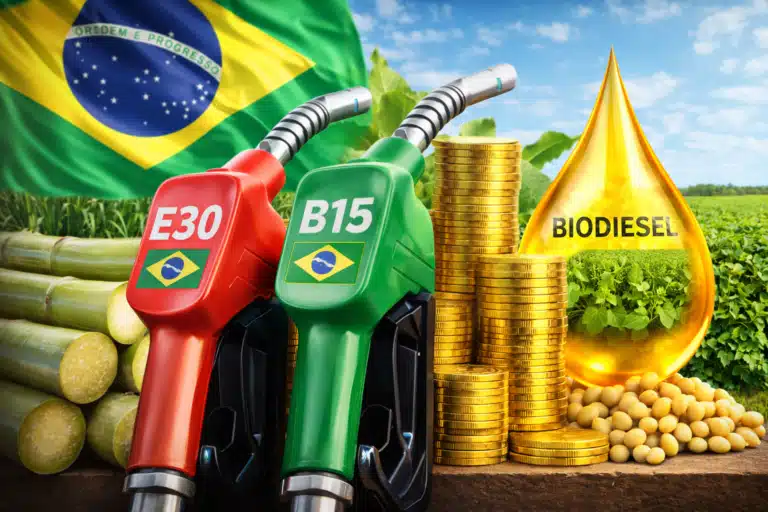 Ilustração mostra gasolina E30 e diesel B15 com biocombustíveis no Brasil