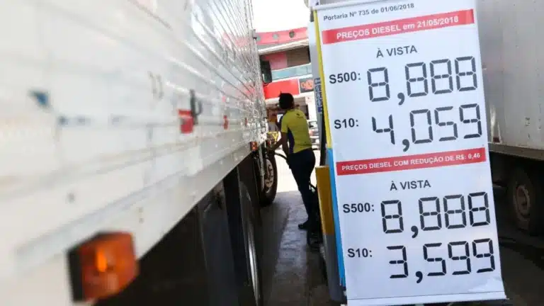 Painel de preços do diesel S10 e S500 em posto de combustíveis no Brasil