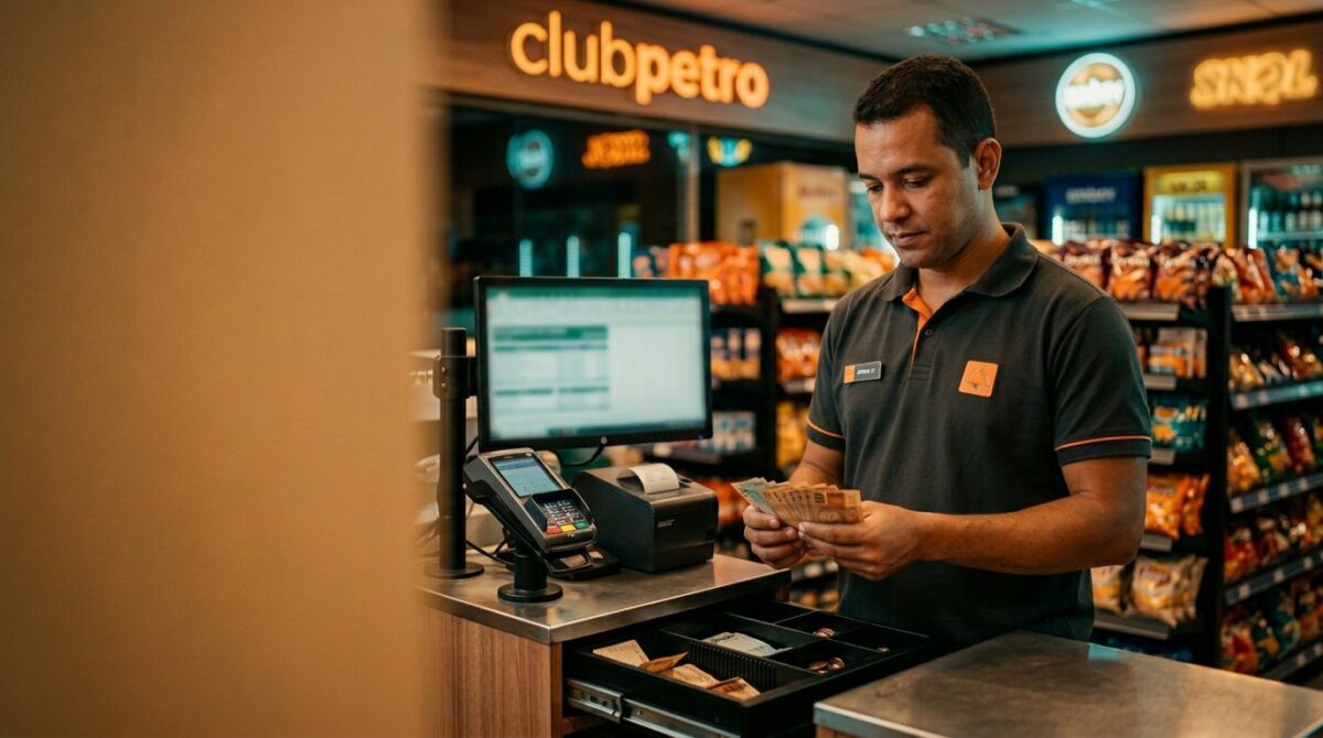 Frentista fechando o caixa do posto de combustível conferindo os valores