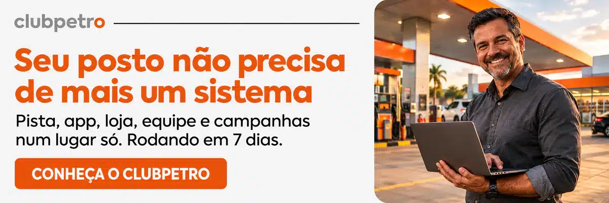 Seu posto não precisa de mais um sistema. Pista, app, loja, equipe e campanhas num lugar só. Rodando em 7 dias. Conheça o ClubPetro.