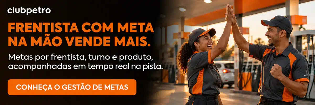 Frentista com meta na mão vende mais. Metas por frentista, turno e produto, acompanhadas em tempo real na pista. Conheça o Gestão de Metas.