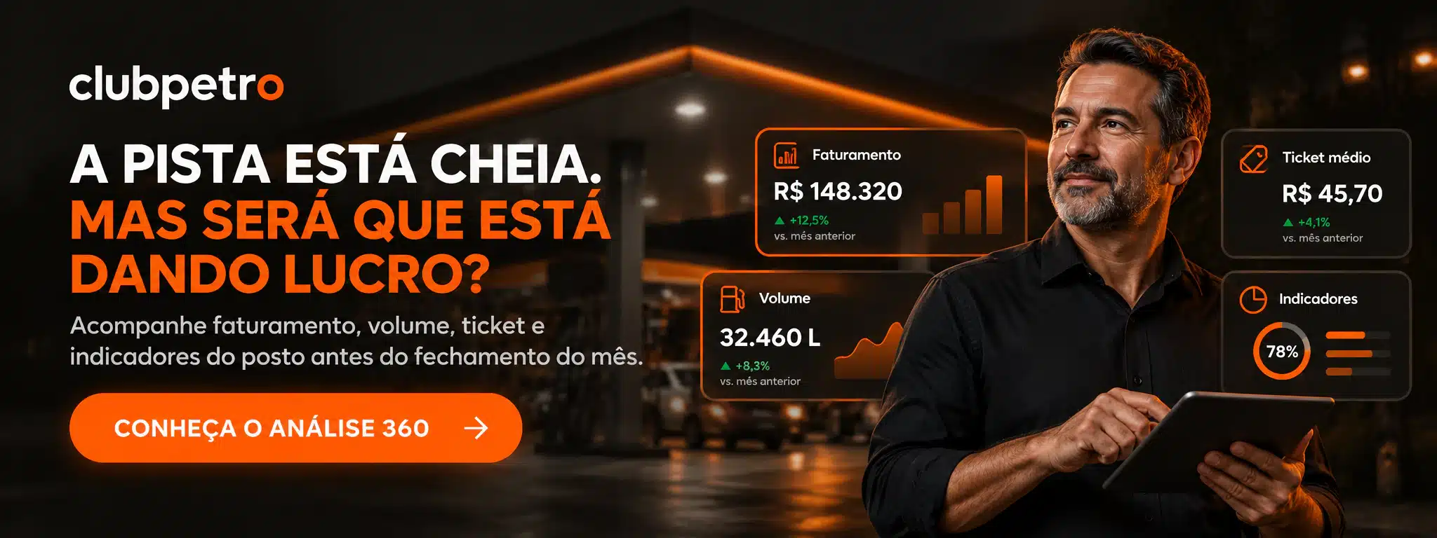 A pista está cheia. Mas será que está dando lucro? Acompanhe faturamento, volume, ticket e indicadores do posto antes do fechamento do mês. Conheça o Análise 360.